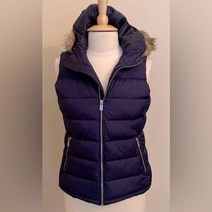 Gap Navy Blue Sleeveless Zip Up Faux Fur Lined Attached Hat Puffer Vest Size S